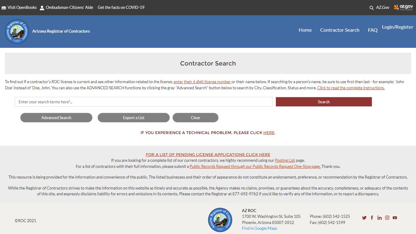 Contractor Search | Arizona Registrar of Contractors